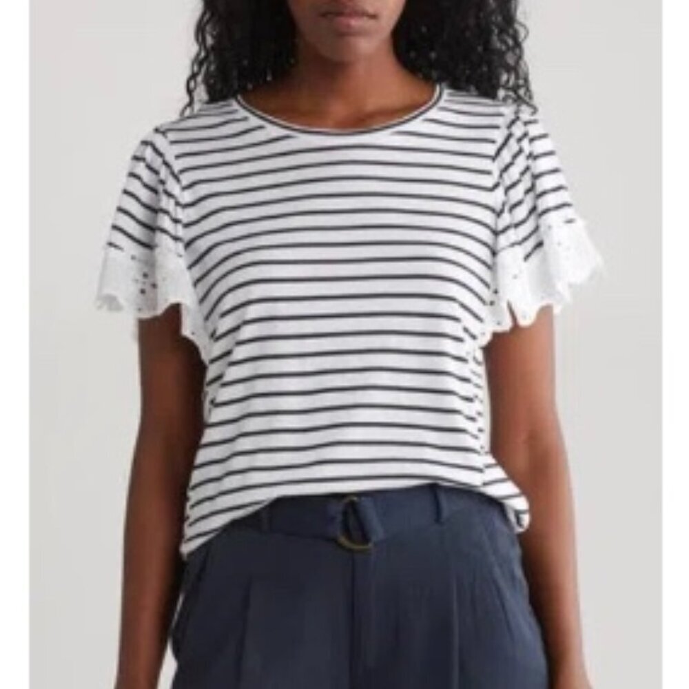NWT T TAHARI Dainty Eyelet Flutter Sleeve Top In White/navy Stripe Size XS